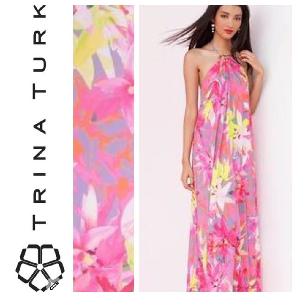 Trina Turk Pink Floral Halter Maxi Dress with Yellow Accents